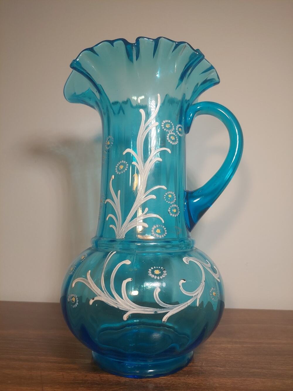 Antique Victorian / Ruffled Paneled Blue Glass PITCHER / Hand Painted Flowers